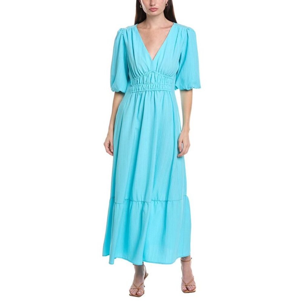 Maison Tara Womens Wave Crepe Short Sleeve Midi Dress, Blue